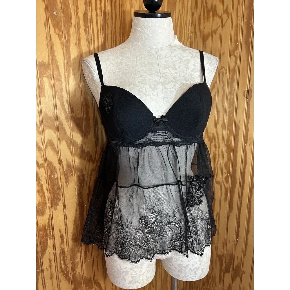 Victoria's Secret Sexy Little things Babydoll Top Lingerie 36C Black Lace Floral